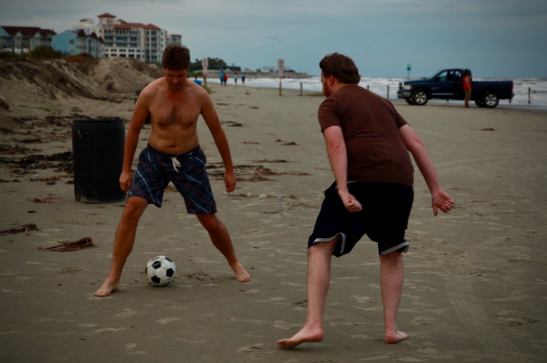 Fig. 11 — Standoff at the barrel: two men, one ball, zero shoes.